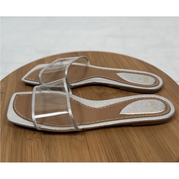 ZARA VINYL SLIDE SANDALS Silver Clear Strap Size US 7.5 EUR 38 Slip On 3626/310 - Picture 4 of 13